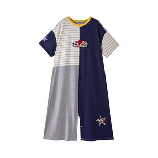 yso【酷猫系列】睡衣女夏撞色拼接文艺风T恤裙连体两穿家居服B