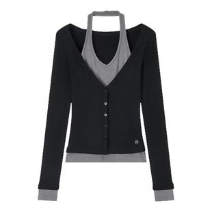 ACMEAURA高级感挂脖长袖T恤女秋2025新款超好看撞色假两件上衣女