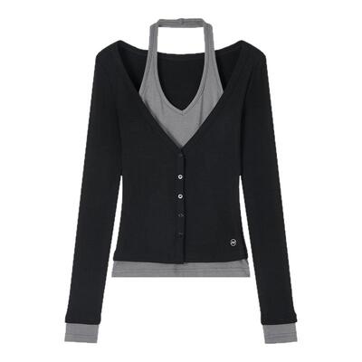 ACMEAURA高级感挂脖长袖T恤女秋2025新款超好看撞色假两件上衣女