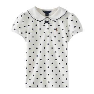 POLOWALK童装2026新品夏季女童短袖T恤白色翻领T恤波点印花上衣
