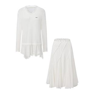 LACERTA 2026早秋新款蕾丝长袖连衣裙拼接烫钻腰头斜裁A型中长裙