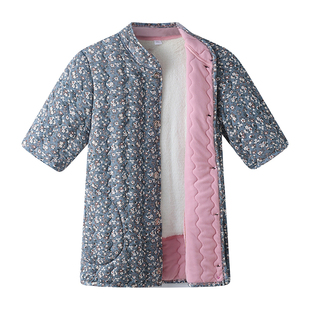 中老年妈妈装冬季加绒保暖短袖马甲贴片护背碎花立领女小棉衣棉袄