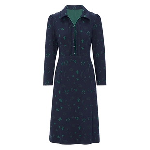 马天奴秋冬新款蓝底绿花翻领收腰连衣裙子长袖气质时尚法式复古女