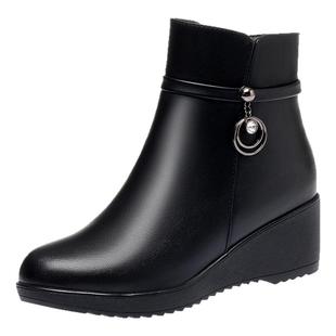 真皮妈妈棉鞋女冬加绒靴子厚底防寒保暖鞋子坡跟女士短靴羊毛皮鞋