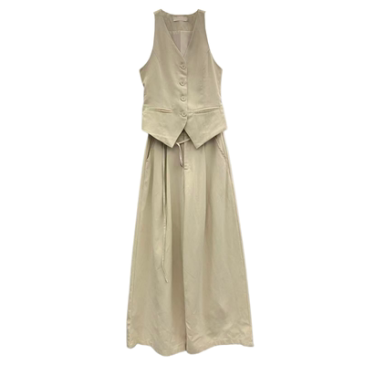 V领收腰马甲上衣阔腿裤两件套女