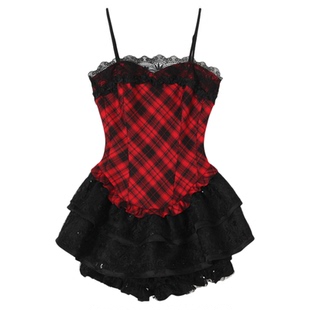 自制少女法式格子吊带连衣裙短款蓬蓬裙甜辣风红黑格party小裙子