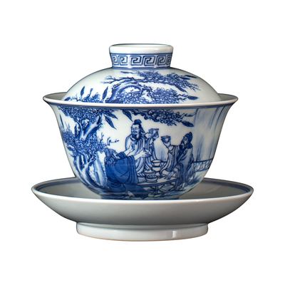 泡茶碗钟家窑手绘青花桃园三结义