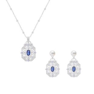 复古线《蕾丝图鉴:蓝丝绒》复古设计感法式宫廷纯银锁骨项链耳钉