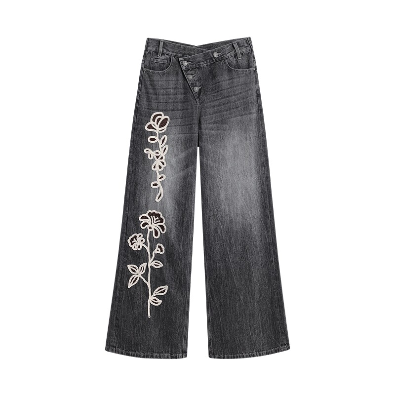 Desigual26秋冬新品斜腰扭扣侧边盘带花卉刺绣女式牛仔裤