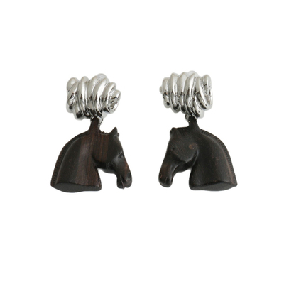 新中式复古檀木马头耳环动物耳夹