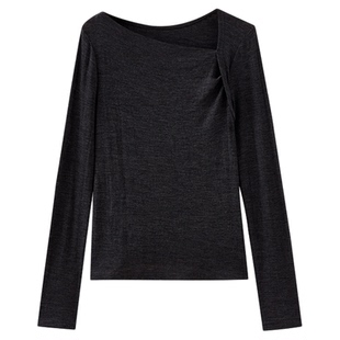 水云间斜肩纯羊毛针织衫上衣女叠穿长袖毛衣内搭打底衫保暖2025秋