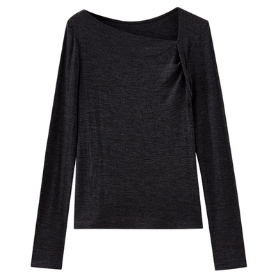 水云间斜肩纯羊毛针织衫上衣女叠穿长袖毛衣内搭打底衫保暖2025秋