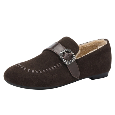 达芙妮加绒乐福鞋女平底保暖单鞋