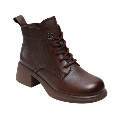 英伦风瘦瘦棕色真皮软底皮靴子女