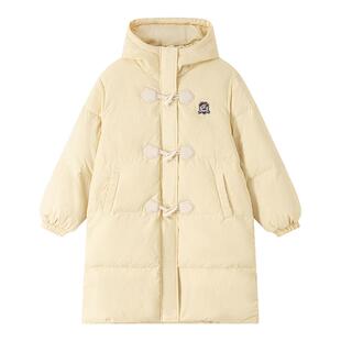 鸭鸭鹅黄色牛角扣羽绒棉服女中长款过膝设计感小众学院风面包服冬