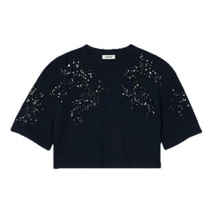SANDRO夏季女装法式时尚简约深蓝色亮片装饰圆领宽松短款T恤上衣