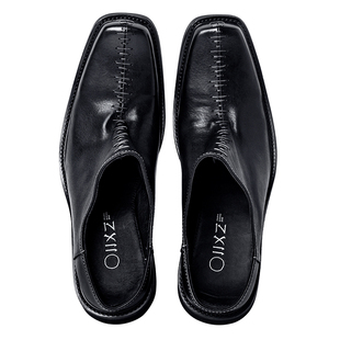 幻象者原创设计感Cleanfit半拖皮鞋男高级小牛皮方头德比鞋翘头鞋