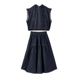 女大童深蓝牛仔马甲半身裙2025夏装新款青少年休闲气质套装可亲子