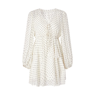 MOISSAC摩萨克夏款甜美赫本风法式波点荷叶边灯笼袖雪纺连衣裙女
