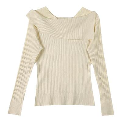 不规则一字肩长袖针织衫女打底衫