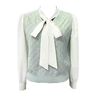 LIME莱茵飘带领设计针织套头衫水绿色春秋假两件衬衫式上衣