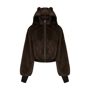 林允同款Kroche 小熊绒冬 皮毛一体宽松短版小熊连帽立领毛绒外套
