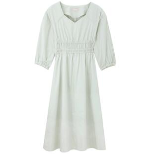 Mind Bridge【纯棉】2026年春中长款A字裙女士V领收腰长袖连衣裙