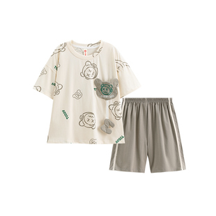 芬腾新款男童睡衣男孩纯棉短袖夏季薄款套装儿童中大童宝宝家居服