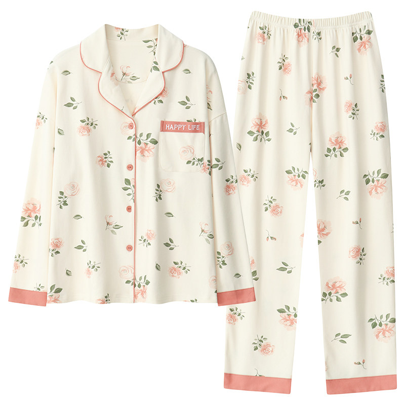 女棉自带胸垫一体长袖套装家居服