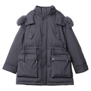 CV大码女装冬新款连帽带毛领派克羽绒服90白鸭绒中长款外套女胖mm