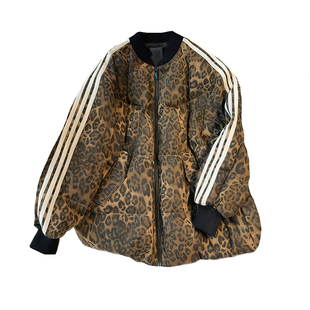 2025冬新cicicoco猫头鹰韩版宽松豹纹棒球服拉链羽绒服外套白鹅绒