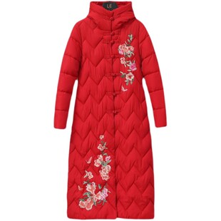 2024新款连帽中长款过膝加厚羽绒棉服女冬绣花唐装中国风旗袍棉衣