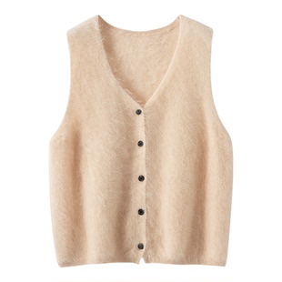拉绒100%山羊绒无袖开衫上衣女V领纯色百搭叠穿背心无袖马甲坎肩