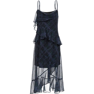 ONLY2026春季新款荷叶边装饰显瘦飘逸时髦格纹吊带中长裙连衣裙女