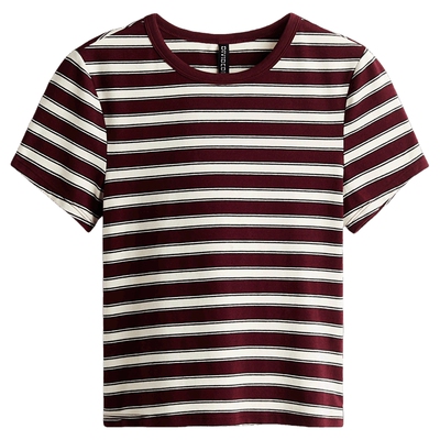 HM女装T恤冬季酒红色时尚简约打底内搭修身棉质T恤1296040