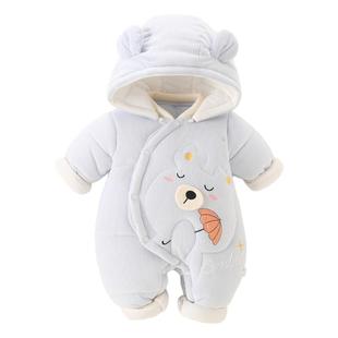 婧麒婴儿连体衣冬季加厚保暖连帽哈衣新生儿夹棉宝宝外出棉服爬服