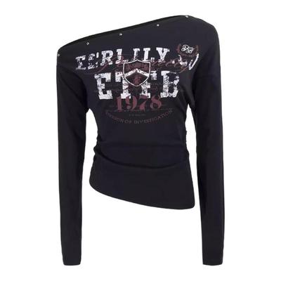 y2k千禧辣妹朋克斜领露肩长袖T恤