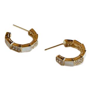 超闪镶钻贝母耳环圈圈高级感轻奢纯银针耳钉女小众独特金色耳饰品