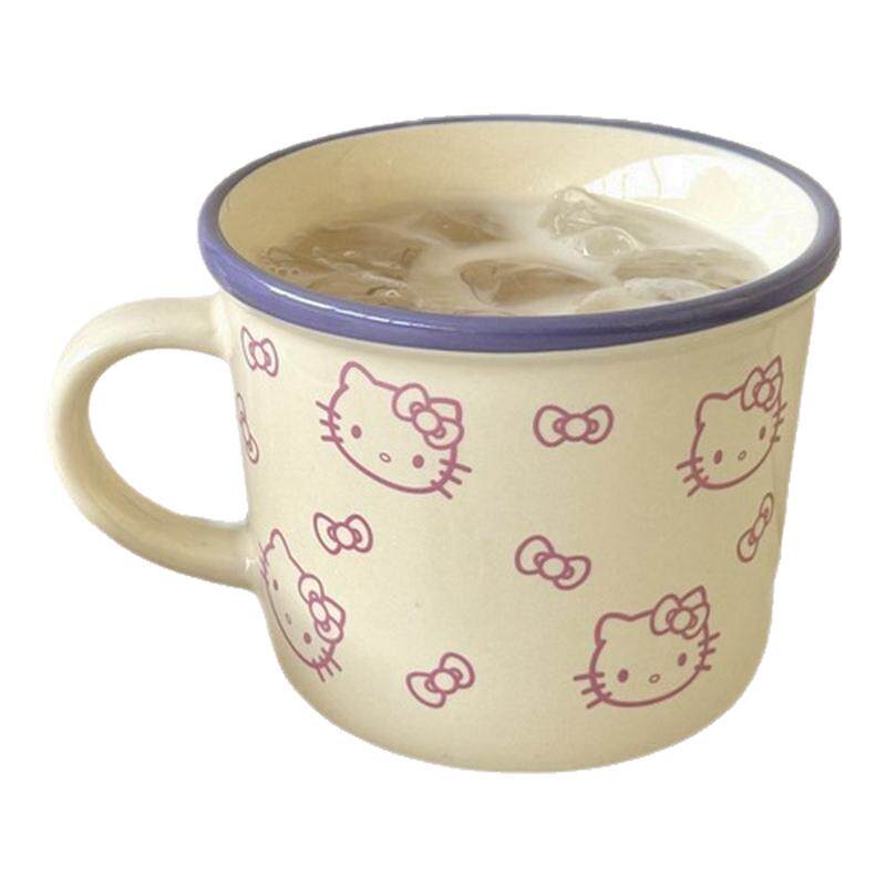 可爱kt猫咪紫边陶瓷马克杯卡通粉色印花水杯设计感小众咖啡杯杯子