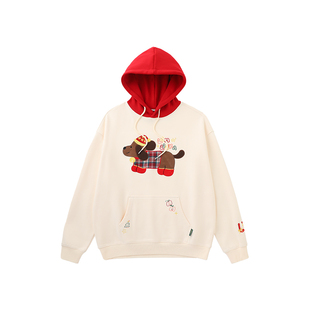 LAMLICKA杏色小狗重磅加绒连帽卫衣男秋冬潮牌撞色宽松套头上衣女