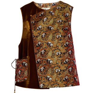 QS秸熙2026春秋气质新中式轻国风织金提花马夹斜门襟叠穿无袖马甲