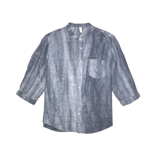 韩版休闲夏季透气亚麻高级感扎染七分袖衬衫复古立领宽松上衣男士