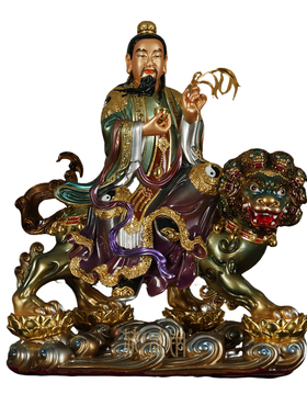 纯铜彩绘太乙救苦天尊坐狮神像