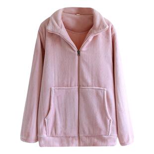 冬季上衣女士加厚法兰绒保暖珊瑚绒简约纯色厚款加绒拉链单件睡衣