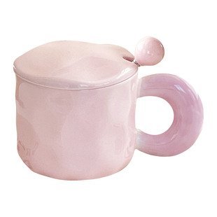 手捏撞色陶瓷杯家用喝水马克杯带盖勺高颜值办公室早餐情侣水杯子