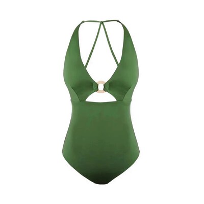 复古港风性感深V绿色显白泳衣女