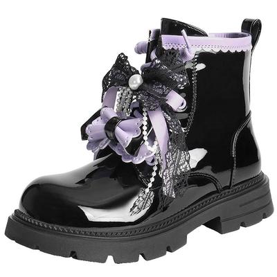百丽英伦风马丁靴女中童鞋新款黑色小皮靴蝴蝶结短靴T8980D95