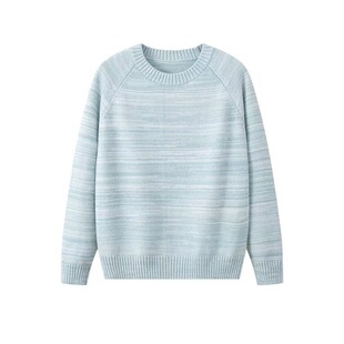 不起球100%纯棉条纹针织衫女圆领套头毛衣宽松百搭浅蓝色长袖上衣