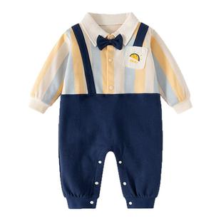 婧麒婴幼儿衣服春秋季连体衣纯棉a类0-12月宝宝条纹背带外出哈衣