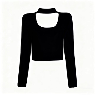 黑色挂脖大方领修身长袖T恤女秋露锁骨辣妹露脐包肩袖短款小上衣